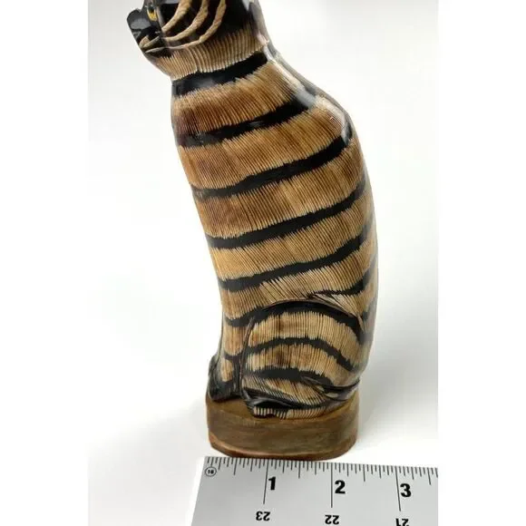 Carved Wooden Striped Cat Figurine Made in Thailand 7 in Tall Brown Black Unique - Picture 6 of 9